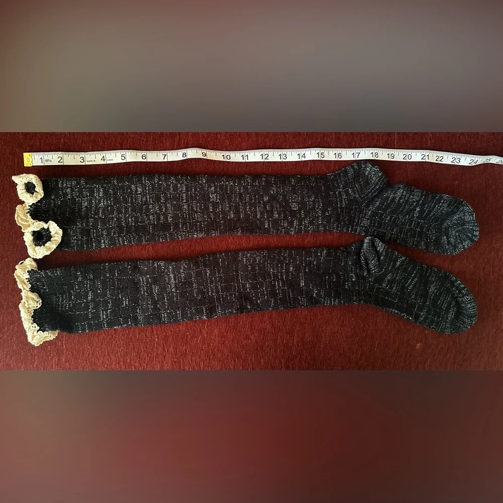 Black Knee High Boot Socks Cream Lace Trim Cozy Knit NWOT